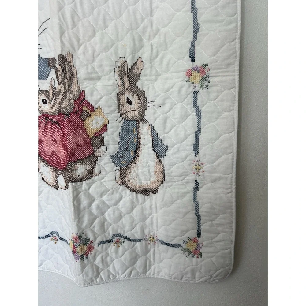 Vtg Peter Rabbit Cross Stitch Quilt Beatrix Potter Crib Blanket Wall Hanging